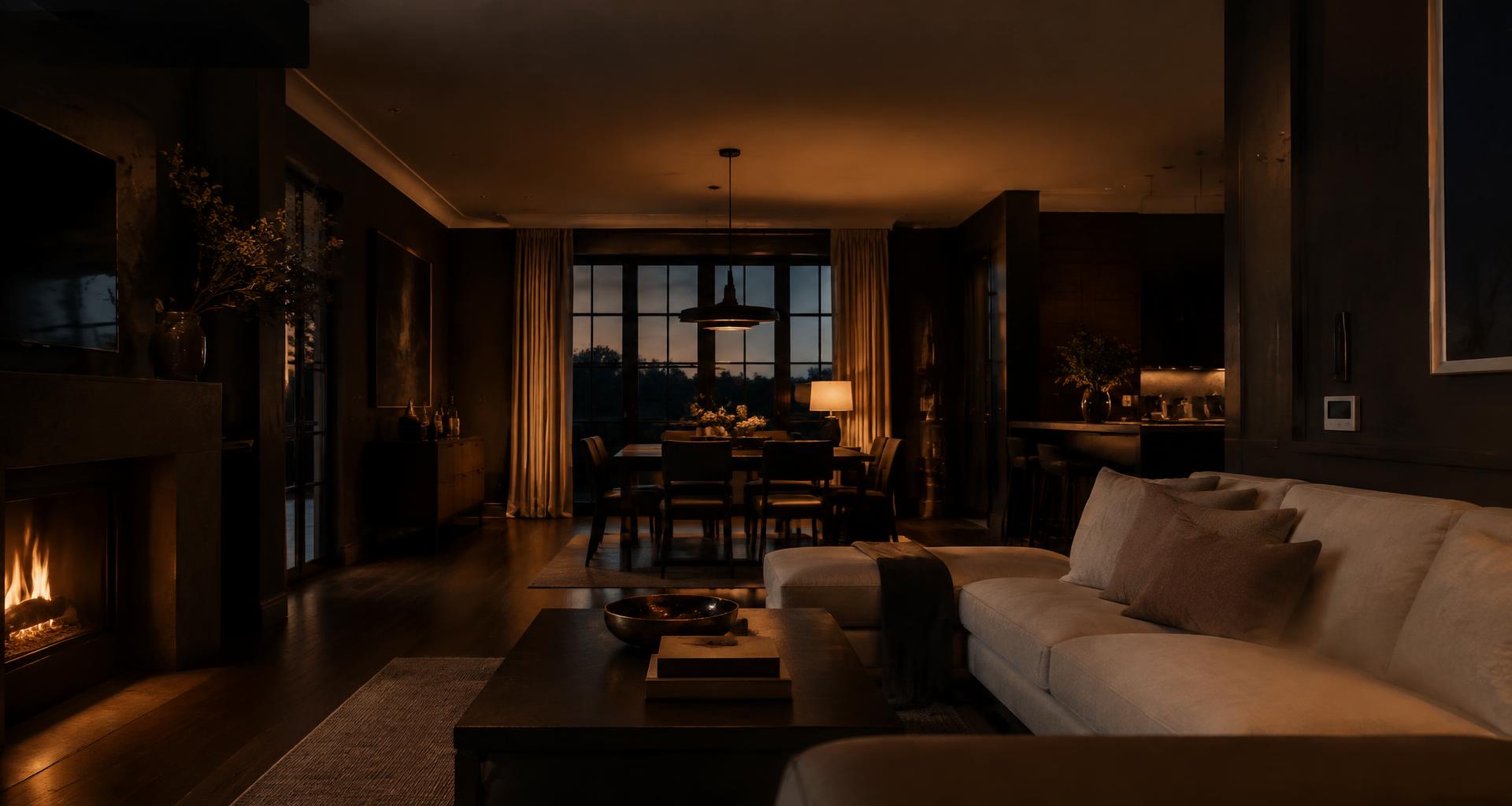 An elegant home interior at dusk